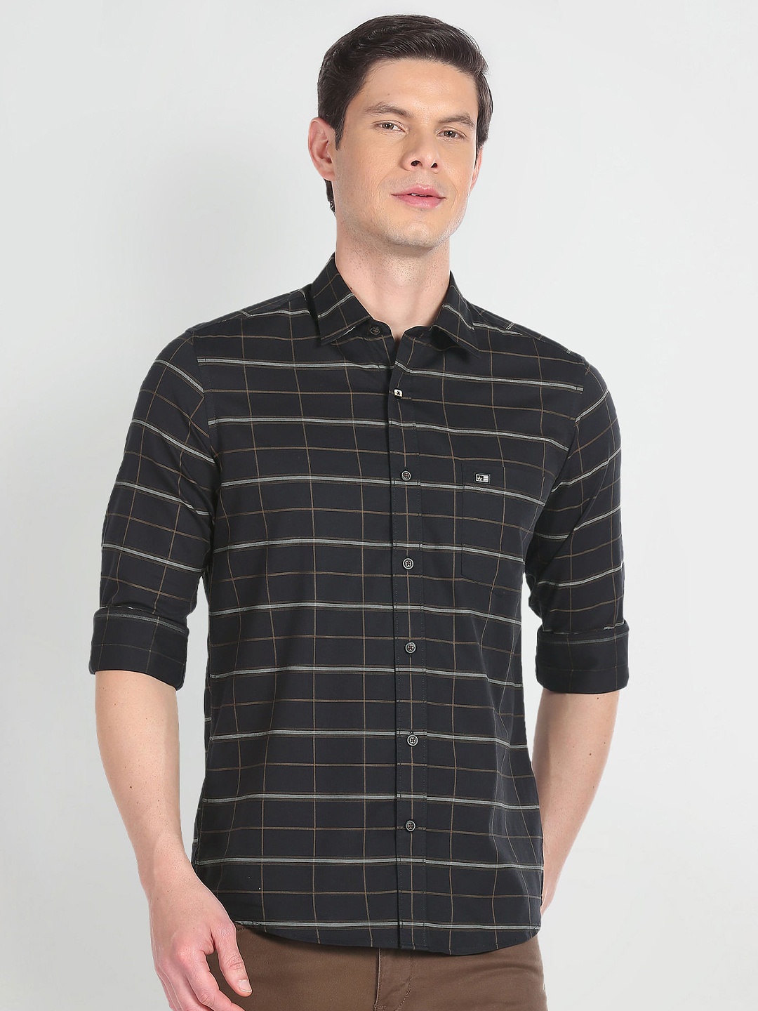 

Arrow Sport Slim Fit Windowpane Checks Twill Pure Cotton Casual Shirt, Black
