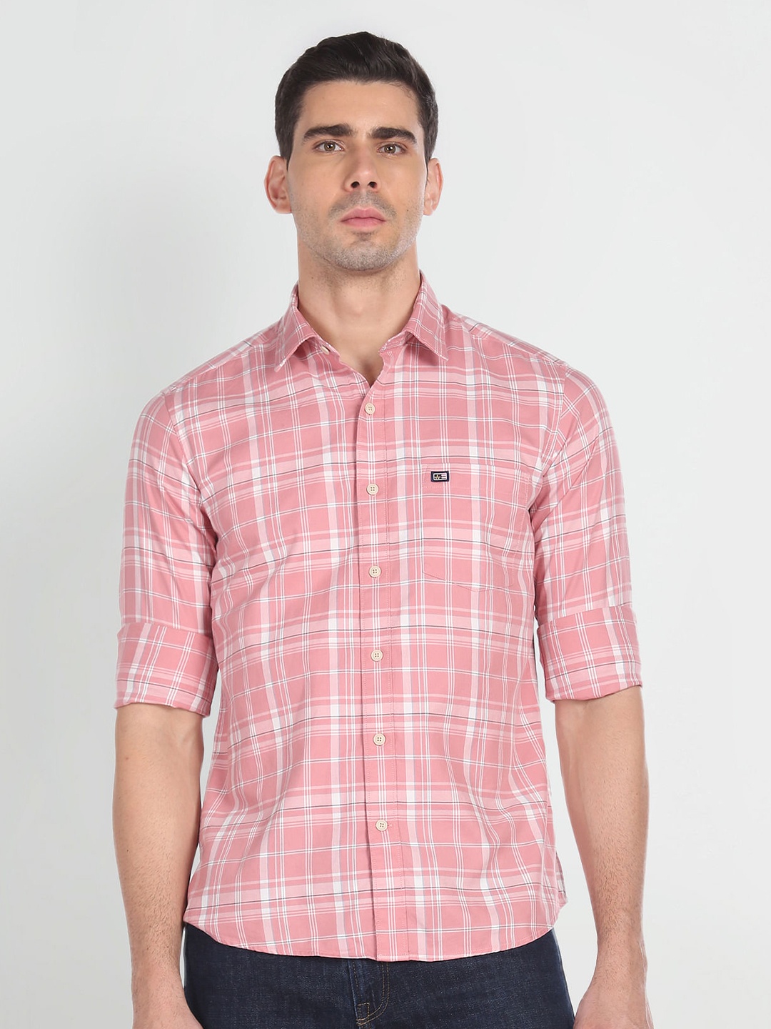 

Arrow Sport Slim Fit Tartan Checked Twill Weave Pure Cotton Casual Shirt, Pink