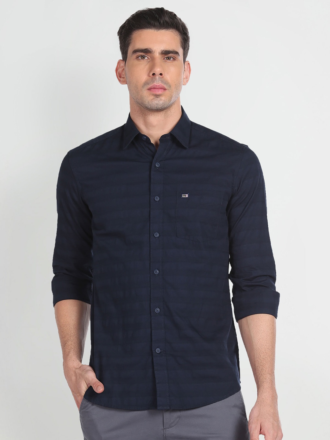 

Arrow Sport Slim Fit Horizontal Striped Pure Cotton Casual Shirt, Navy blue