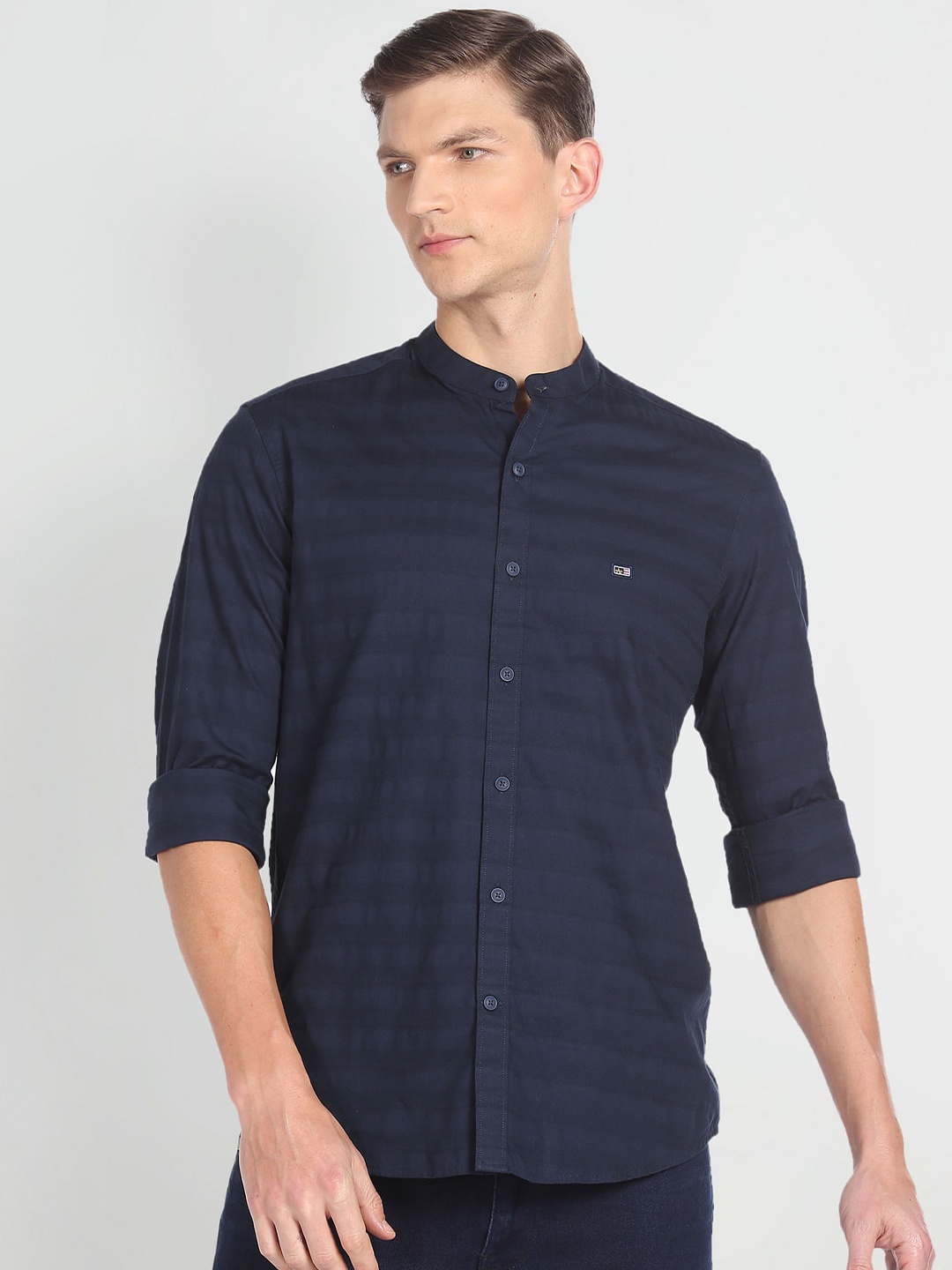 

Arrow Sport Slim Fit Horizontal Striped Mandarin Collar Pure Cotton Casual Shirt, Navy blue