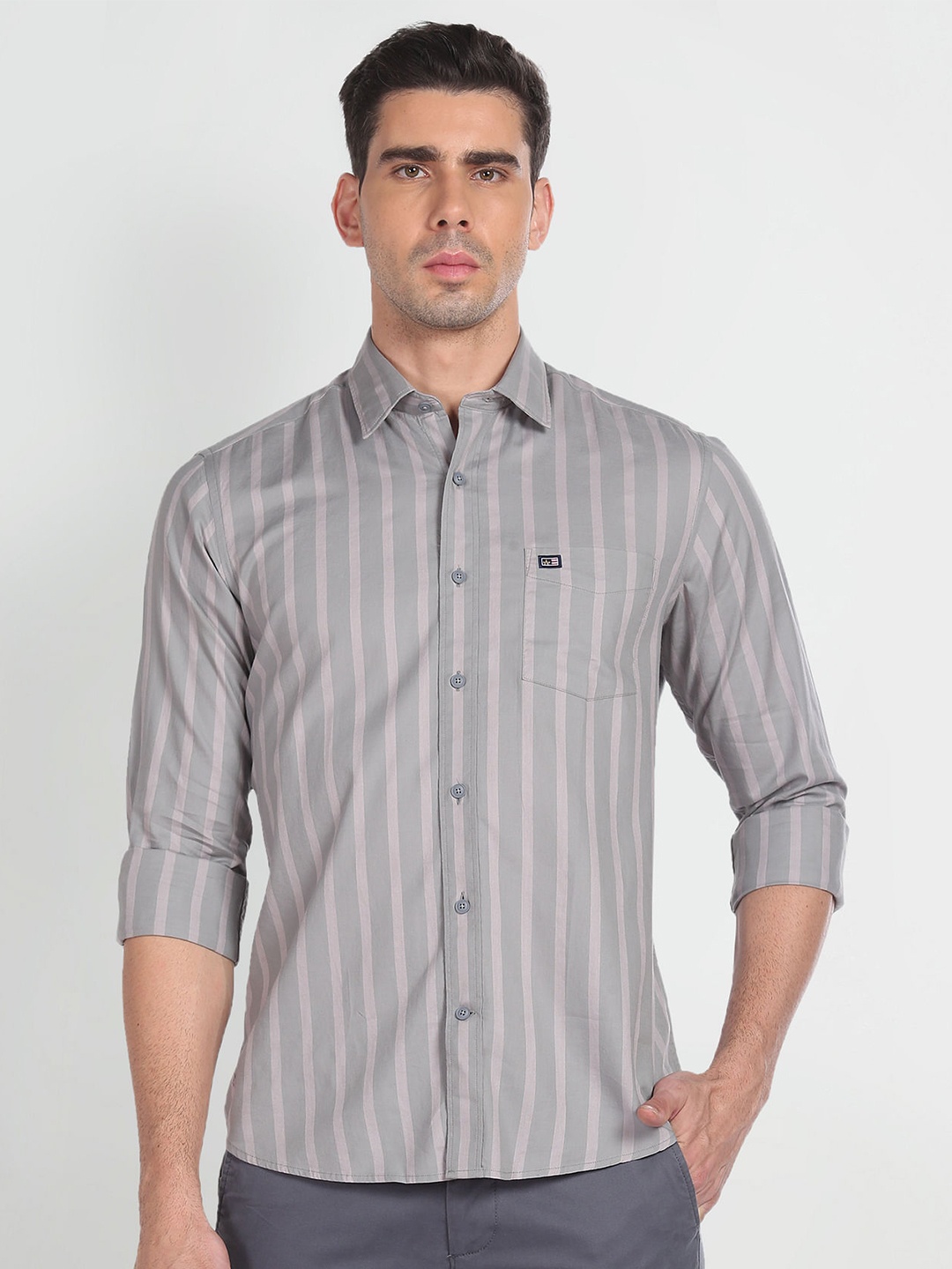 

Arrow Sport Slim Fit Vertical Stripes Pure Cotton Casual Shirt, Grey