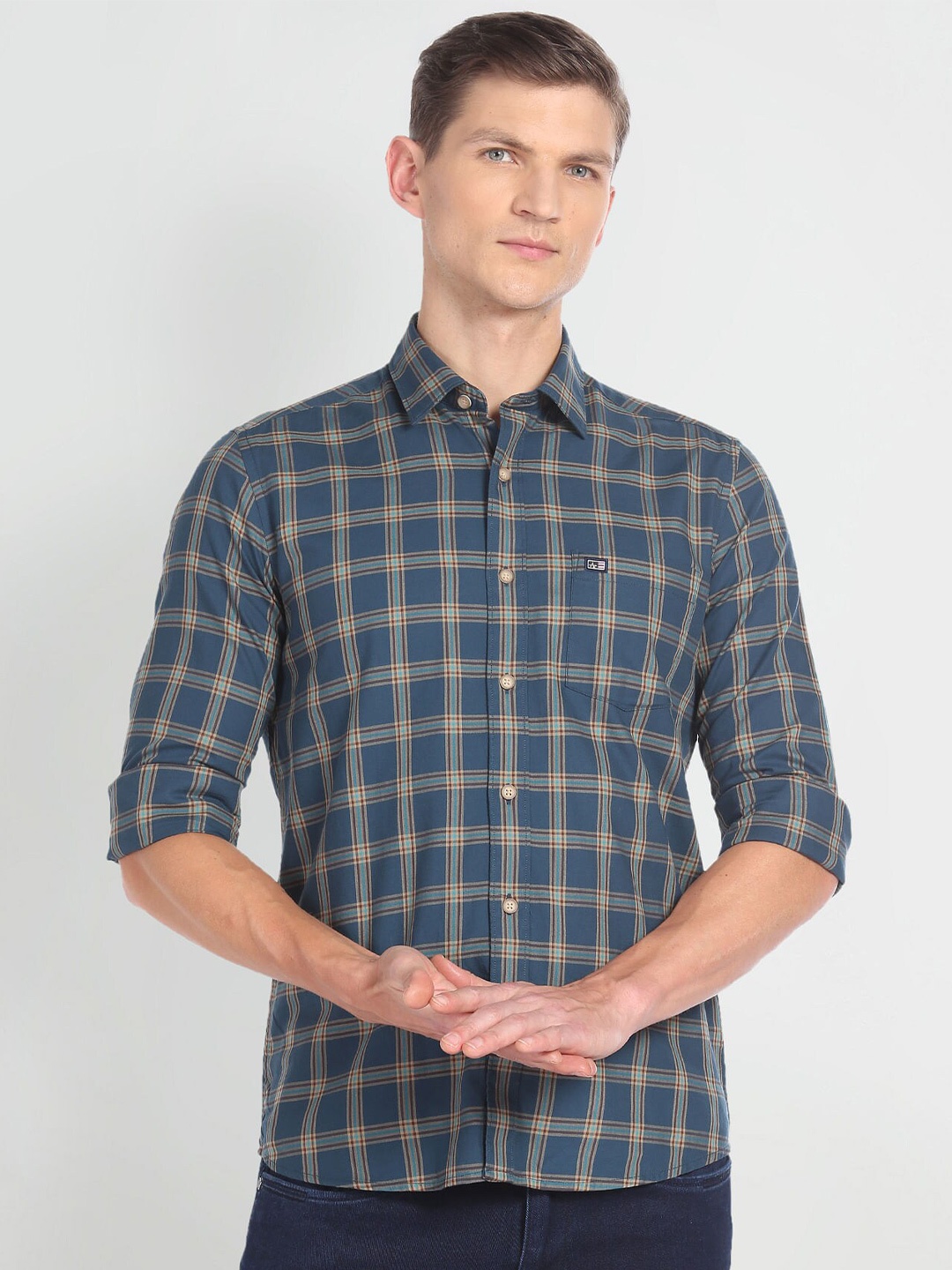 

Arrow Sport Slim Fit Tartan Checks Pure Cotton Casual Shirt, Teal