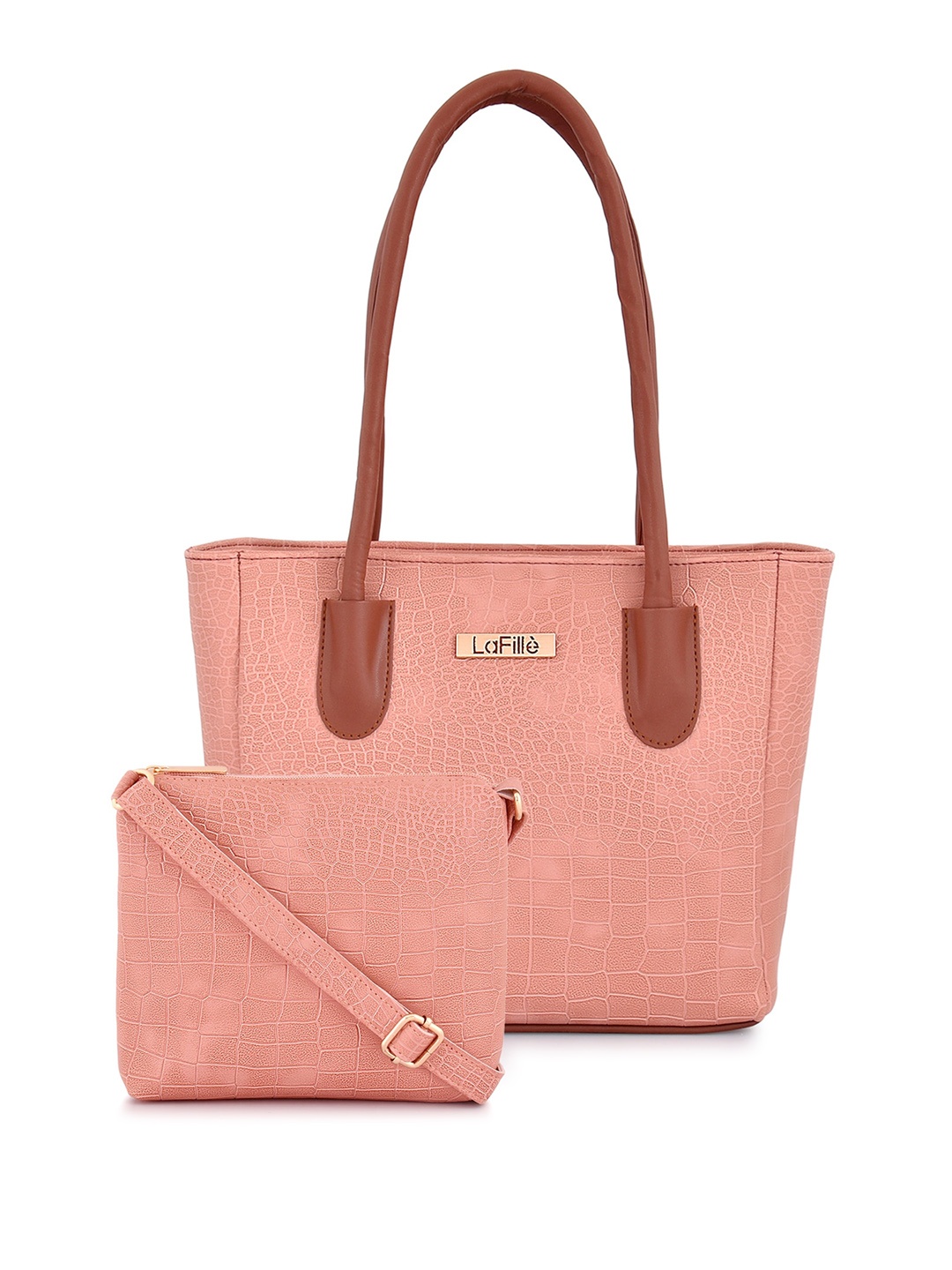 

LaFille Set Of 2 PU Textured Structured Handheld Bag, Peach