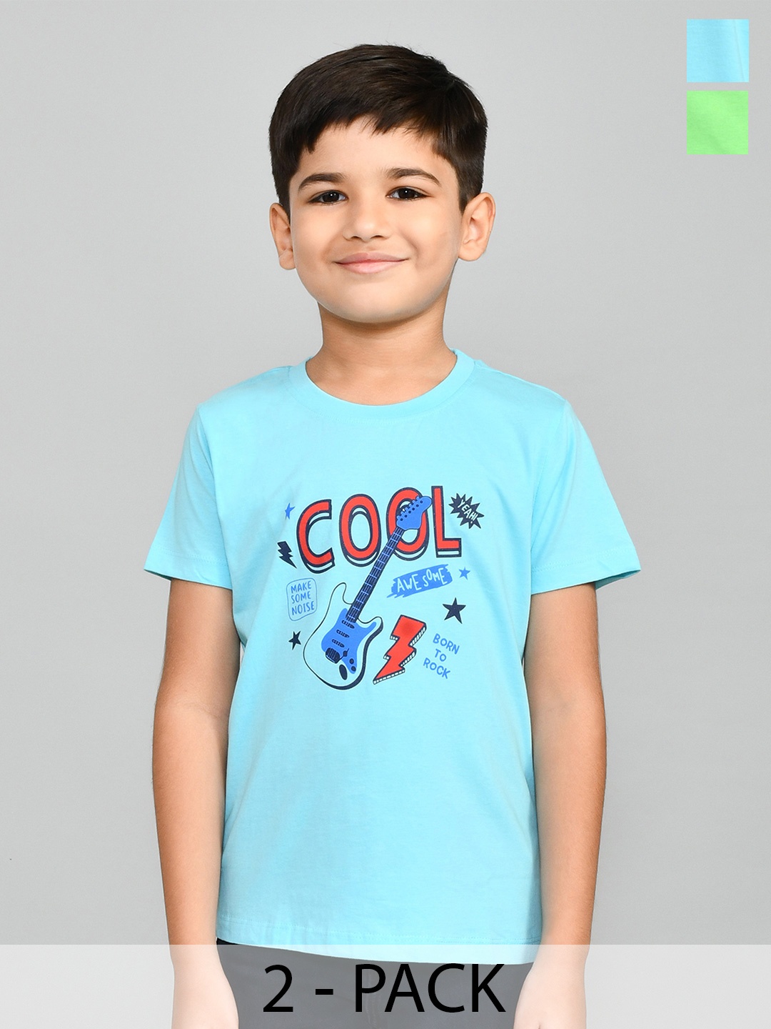Lux Cozi Boys Pack Of 2 Typography Printed Pure Cotton T-shirts, Green