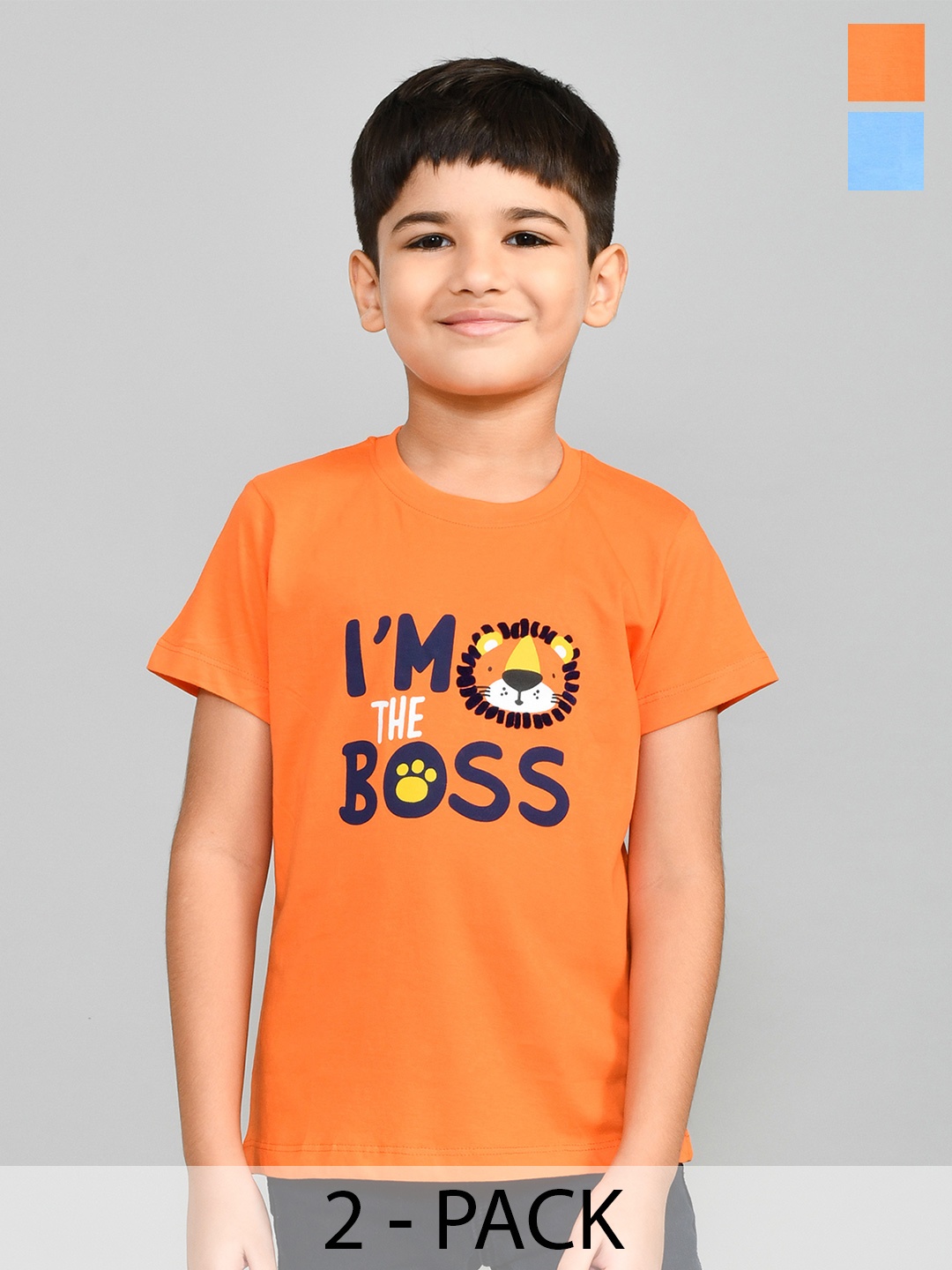 Lux Cozi Boys Pack Of 2 Typography Printed Pure Cotton T-shirts, Orange