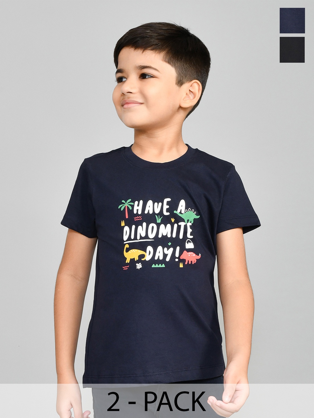 

Lux Cozi Boys Pack Of 2 Typography Printed Pure Cotton Casual T-shirts, Navy blue