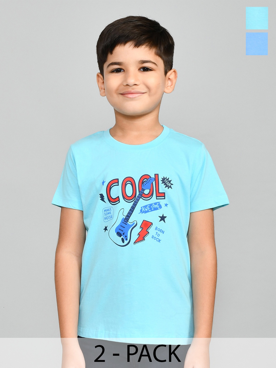 Lux Cozi Boys Pack Of 2 Typography Printed Pure Cotton T-shirt, Blue