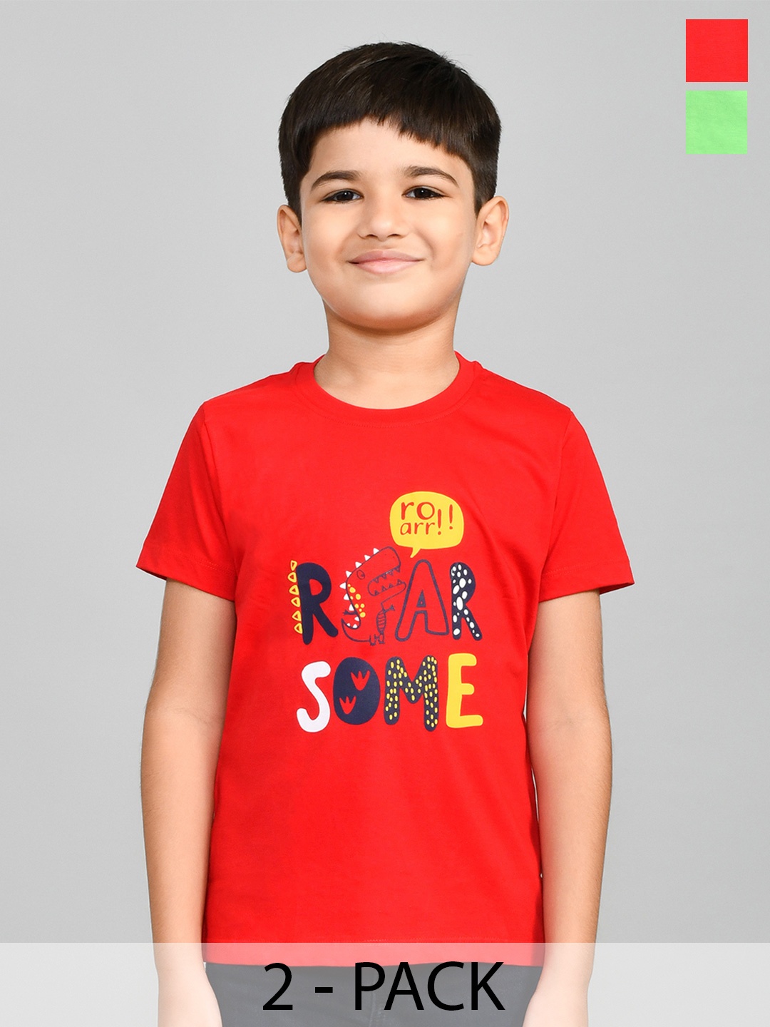 Lux Cozi Boys Pack Of 2 Typography Printed Pure Cotton T-shirt, Green