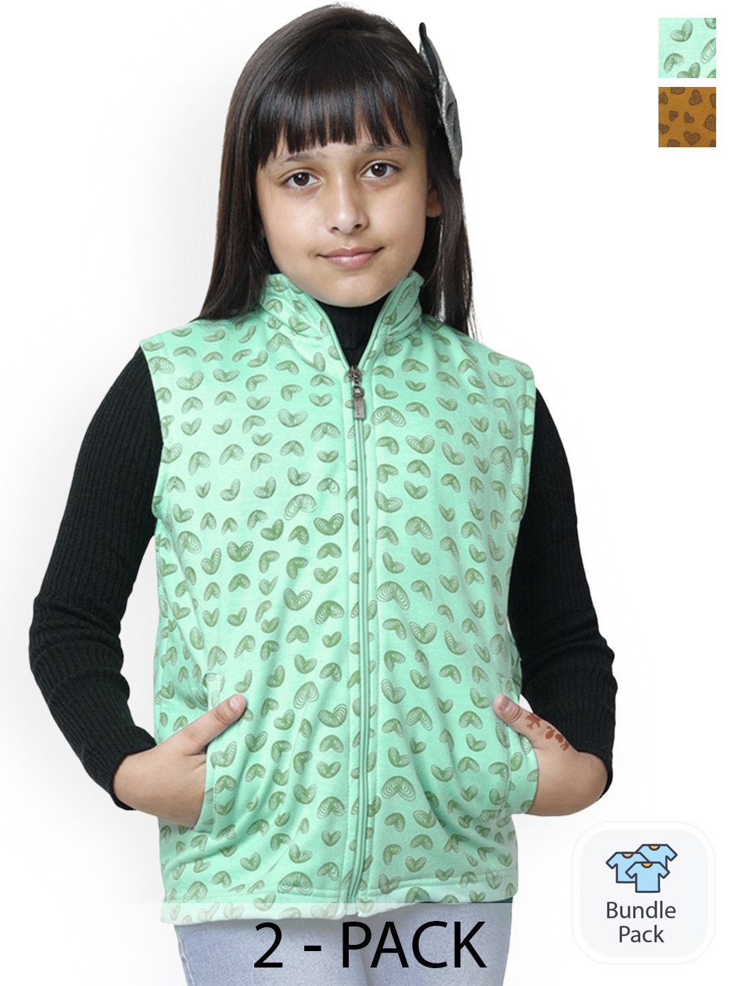 

BAESD Pack Of 2 Girls Conversational Printed Fleece Lightweight Bomber Jacket, Green