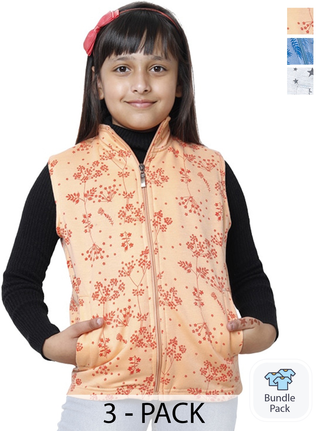 

BAESD Pack Of 3 Girls Floral Printed Fleece Lightweight Bomber Jackets, Peach