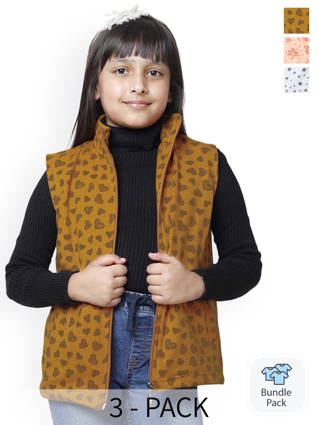 

BAESD Pack Of 3 Girls Printed Sleeveless Lightweight Bomber Jacket, Brown