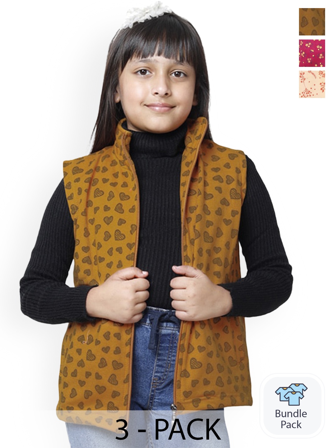 

BAESD Pack Of 3 Girls Printed Sleeveless Lightweight Bomber Jacket, Brown