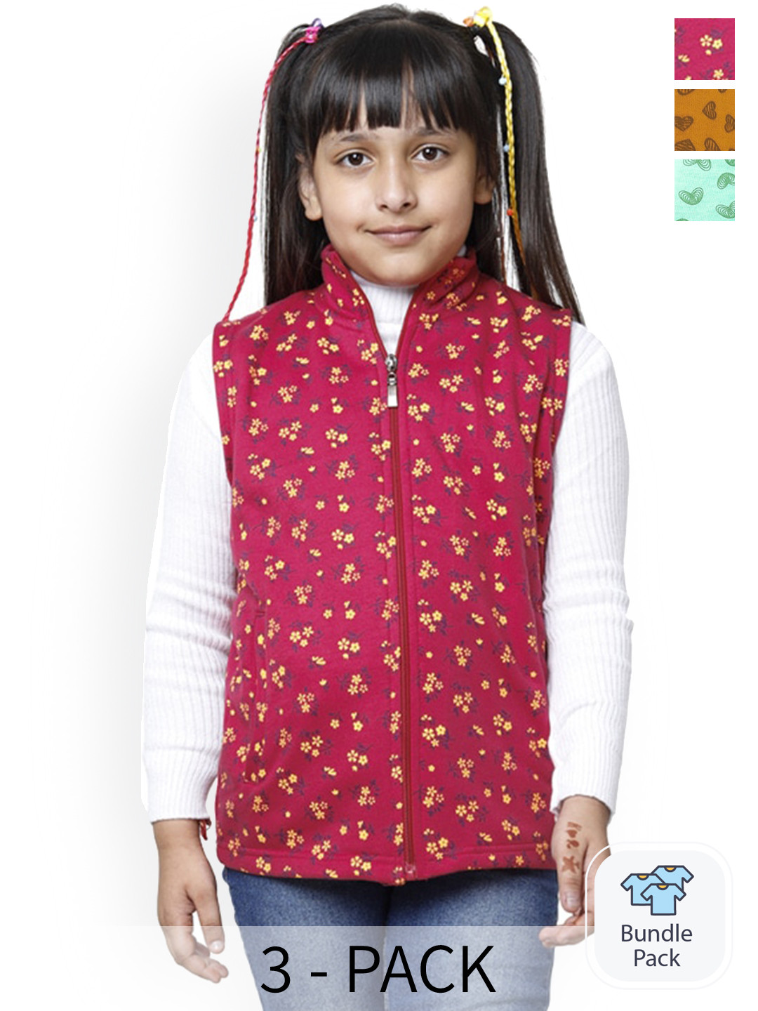 

BAESD Pack Of 3 Girls Printed Sleeveless Lightweight Bomber Jacket, Red