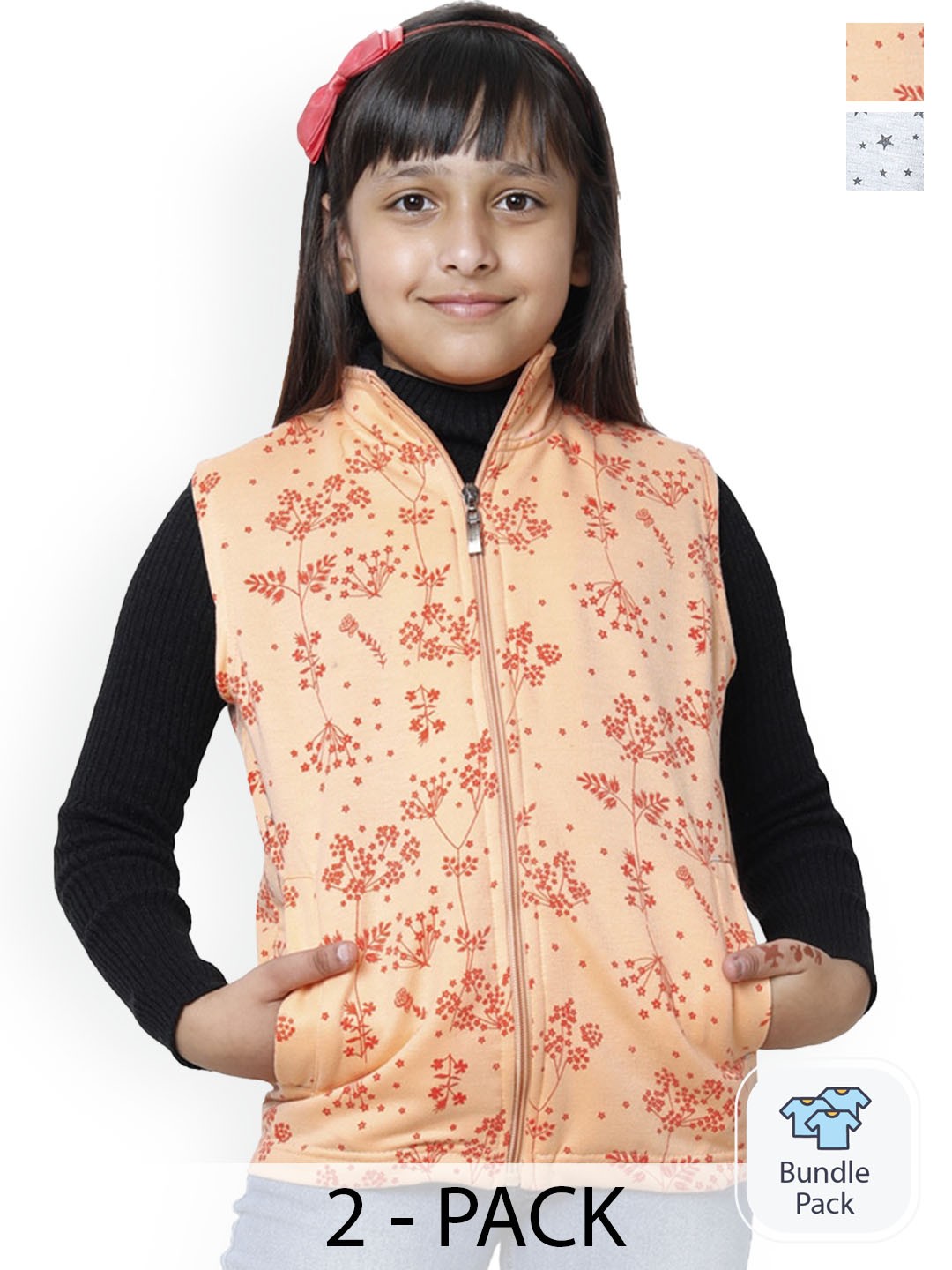 

BAESD Pack Of 2 Girls Printed Sleeveless Lightweight Bomber Jacket, Beige