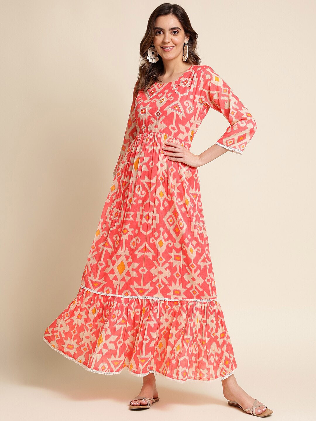 

Ishin Ethnic Motifs Printed Cotton Maxi Dress, Pink