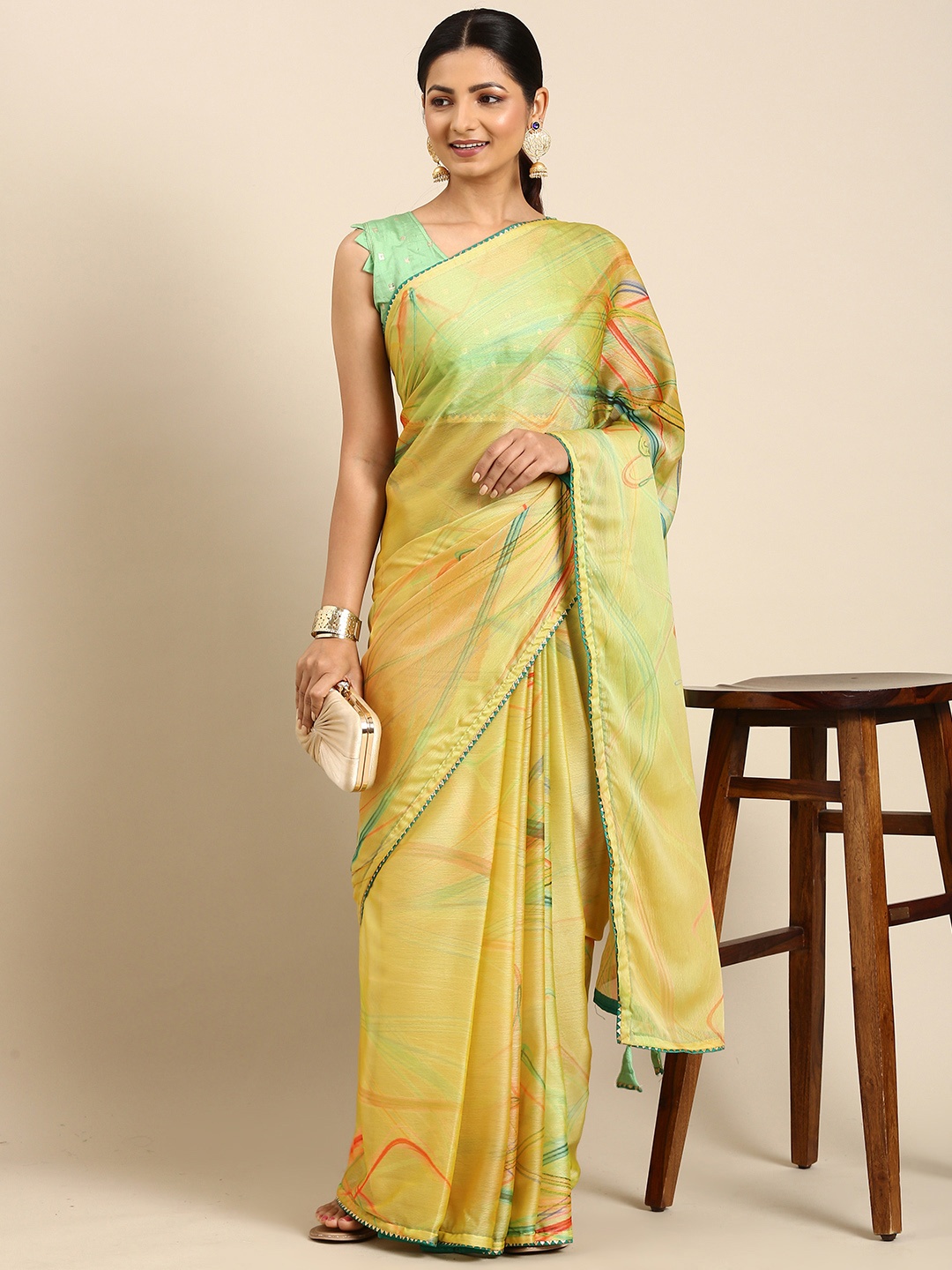 

Mitera Printed Pure Chiffon Saree, Mustard