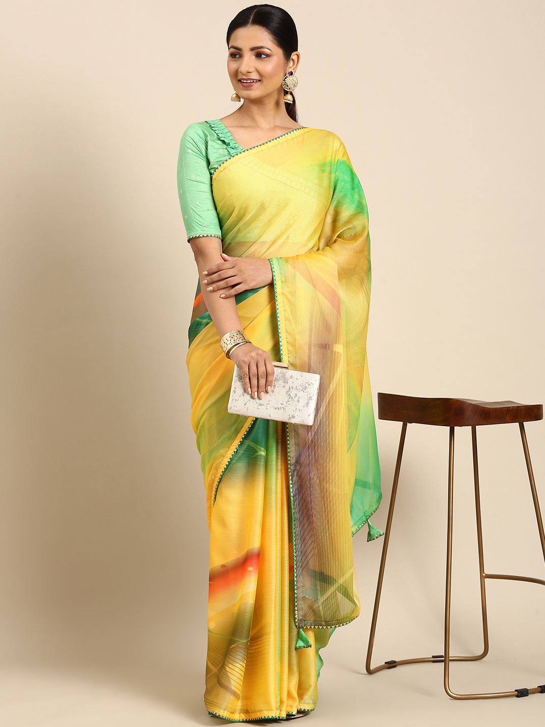 

Mitera Printed Pure Chiffon Saree, Yellow