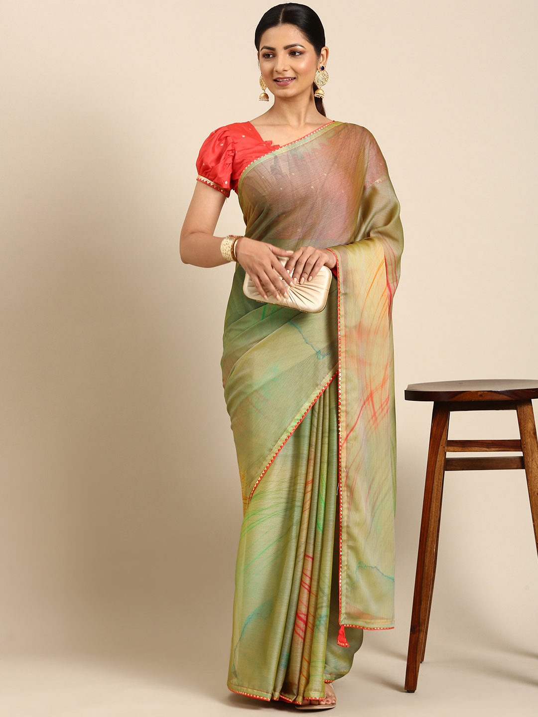 

Mitera Printed Pure Chiffon Saree, Olive