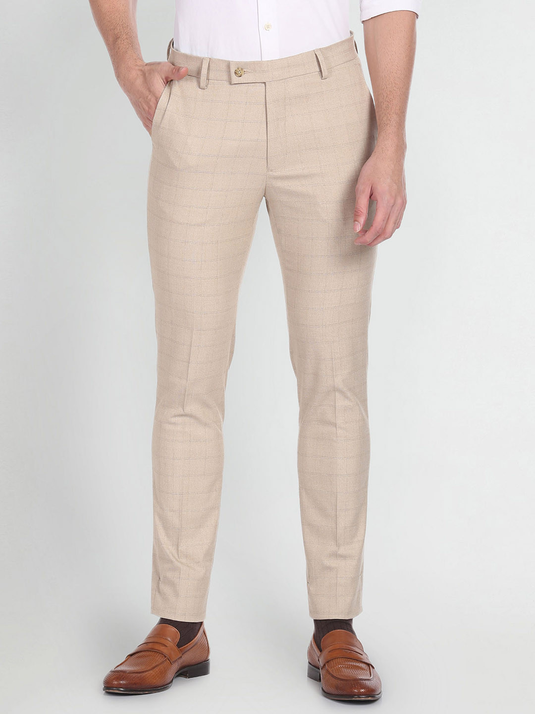 

Arrow Men Checked Slim Fit Mid-Rise Formal Trousers, Beige