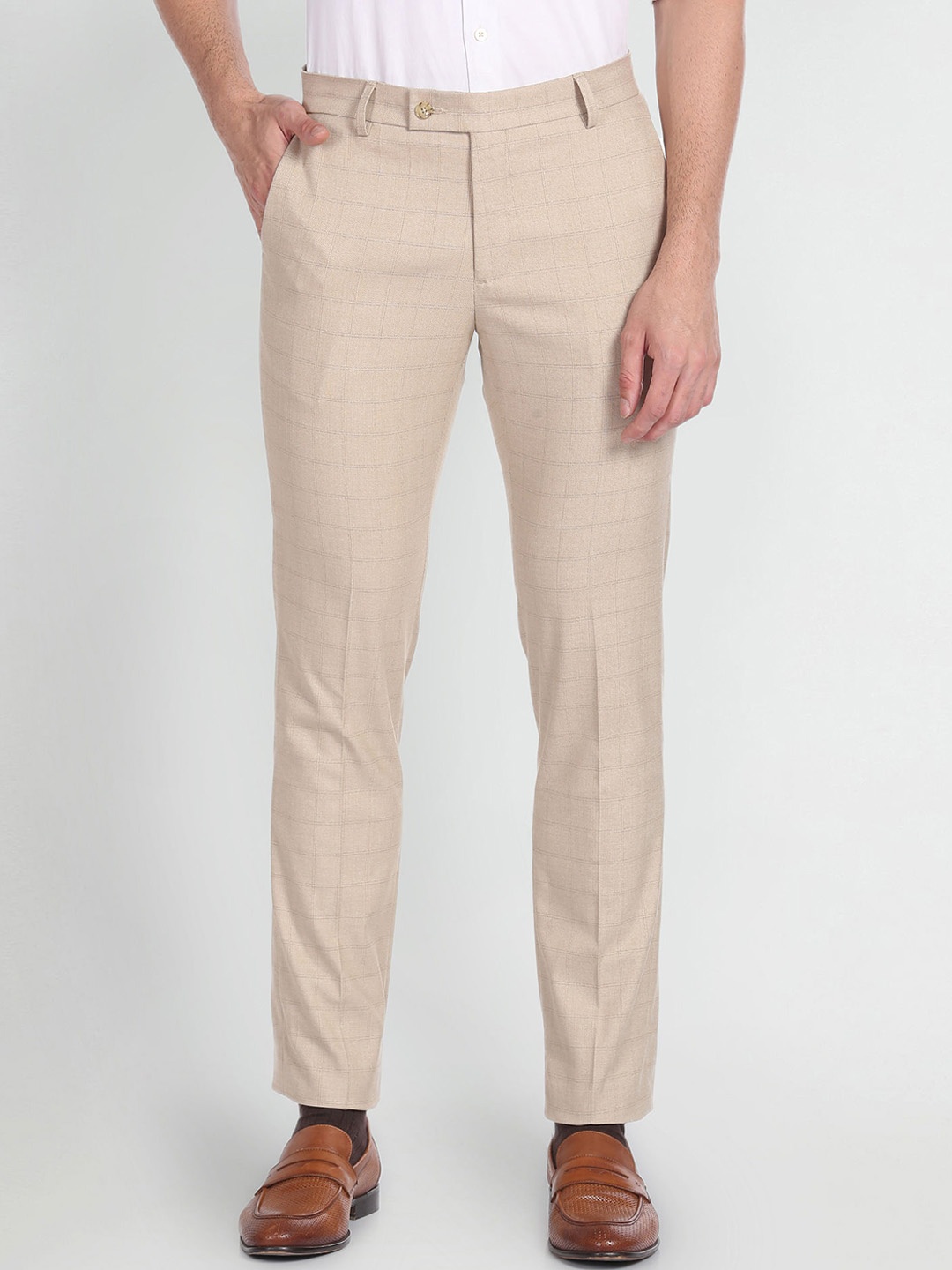 

Arrow Men Checked Mid Rise Plain Slim Fit Formal Trousers, Beige