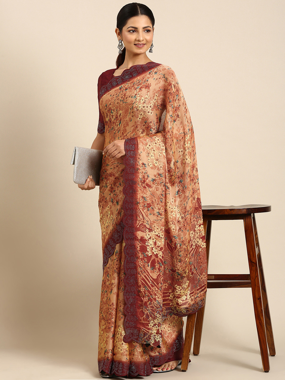 

Mitera Floral Sequinned Pure Chiffon Saree, Brown