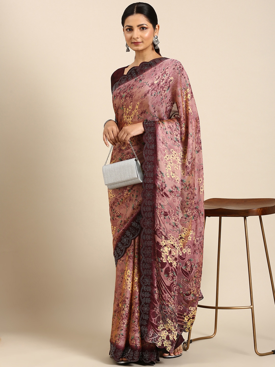 

Mitera Floral Sequinned Pure Chiffon Saree, Mauve