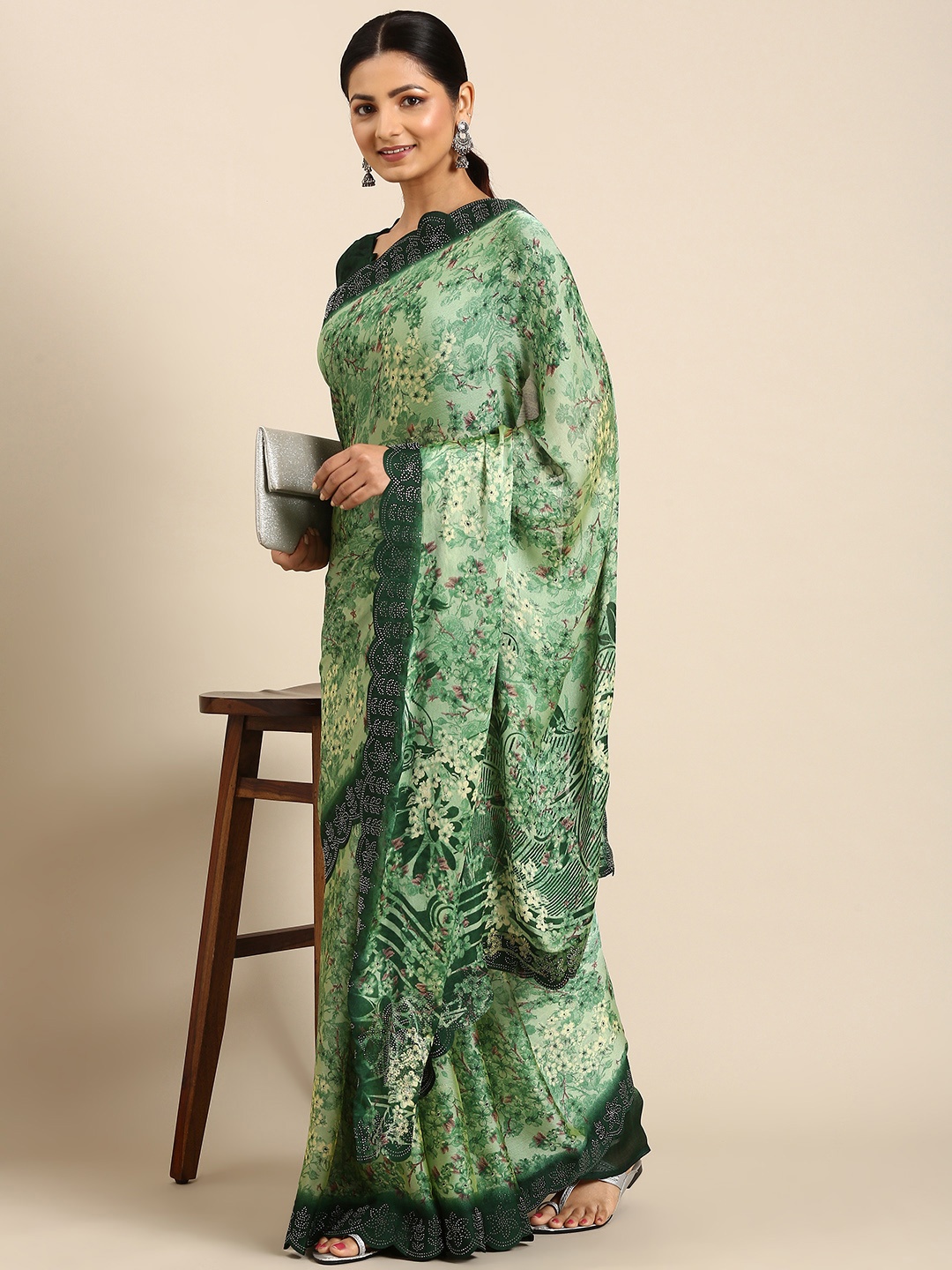 

Mitera Floral Sequinned Pure Chiffon Saree, Green