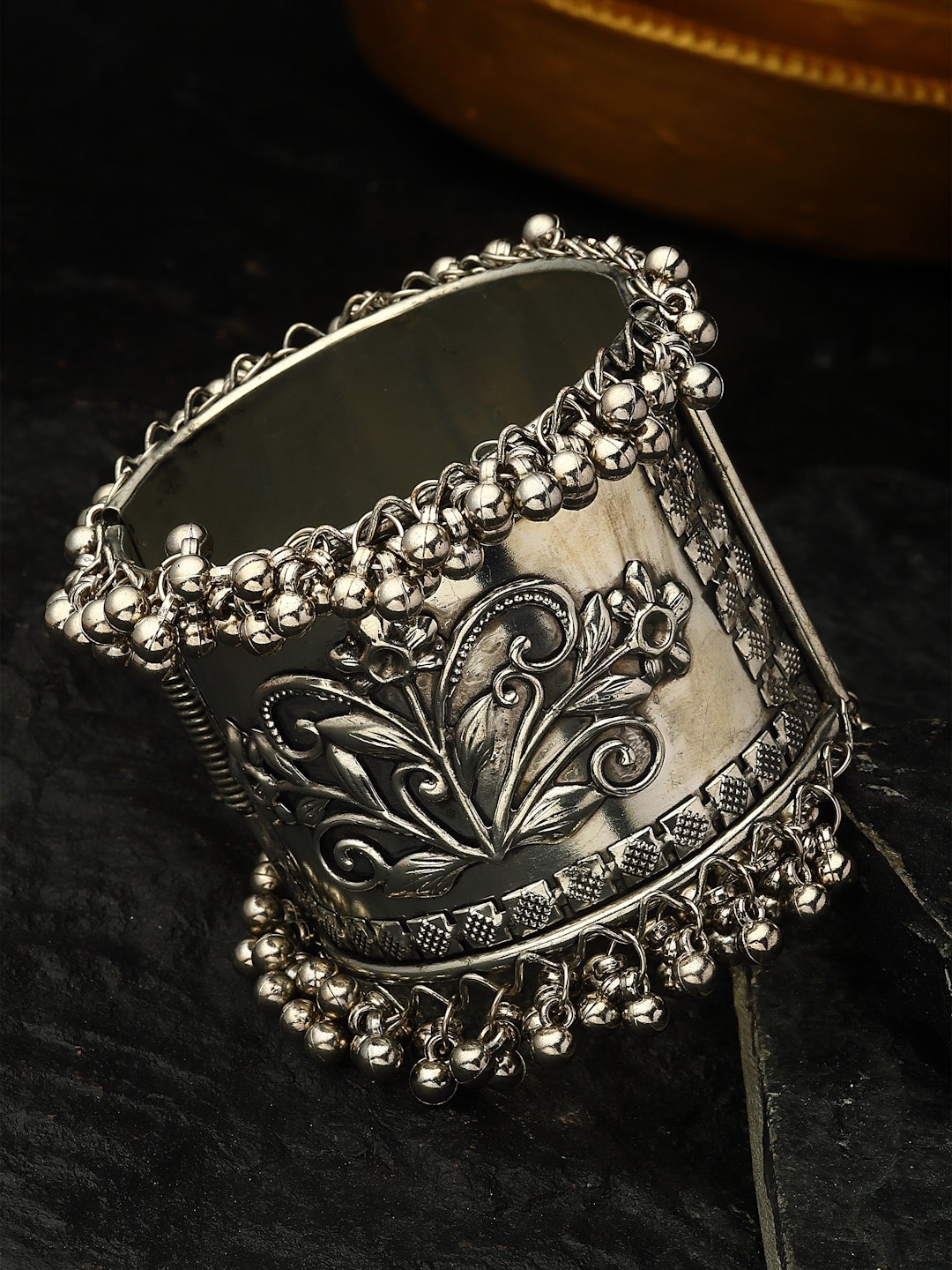 

PANASH Oxidised Silver-Plated Floral Kada Bangle