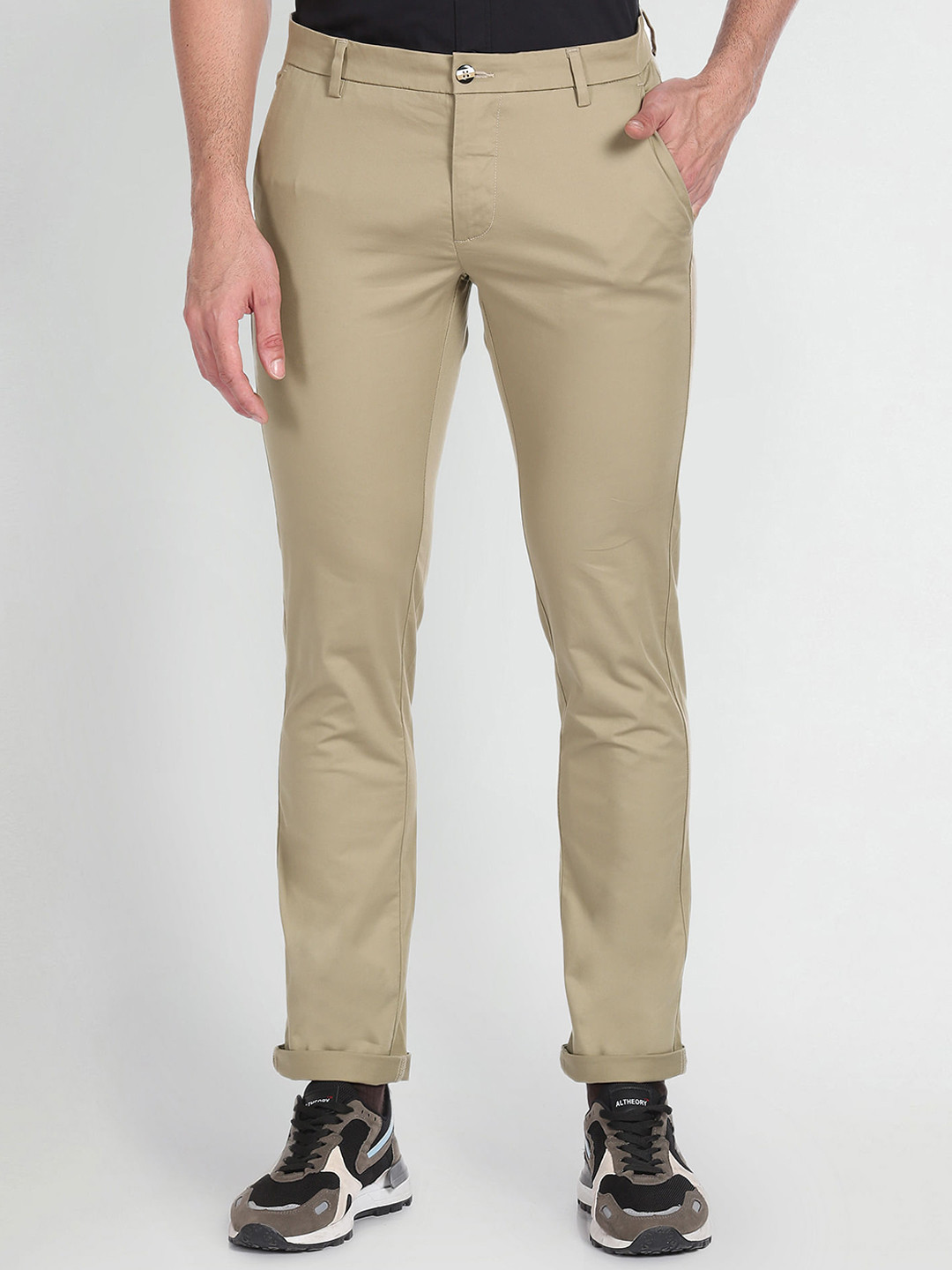 

Arrow Sport Men Flat-Front Plain Slim Fit Smart Low-Rise Trousers, Brown
