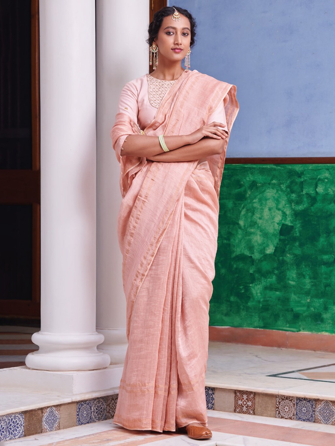 

Dressfolk Solid Silk Blend Saree, Peach
