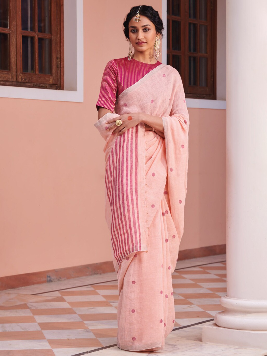 

Dressfolk Polka Dot Zari Pure Linen Saree, Peach