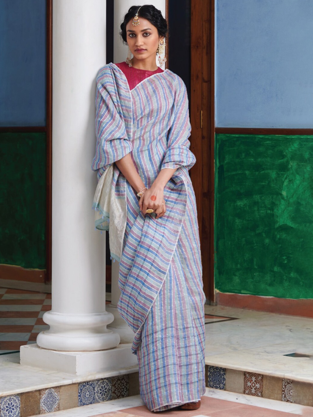 

Dressfolk Striped Silk Blend Saree, Blue