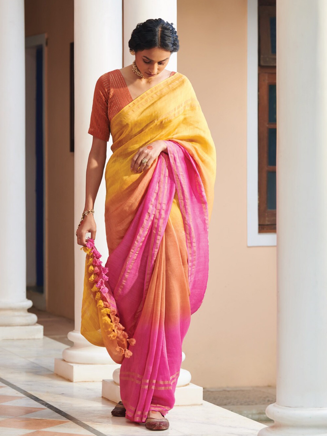 

Dressfolk Ombre Dyed Zari Saree, Yellow