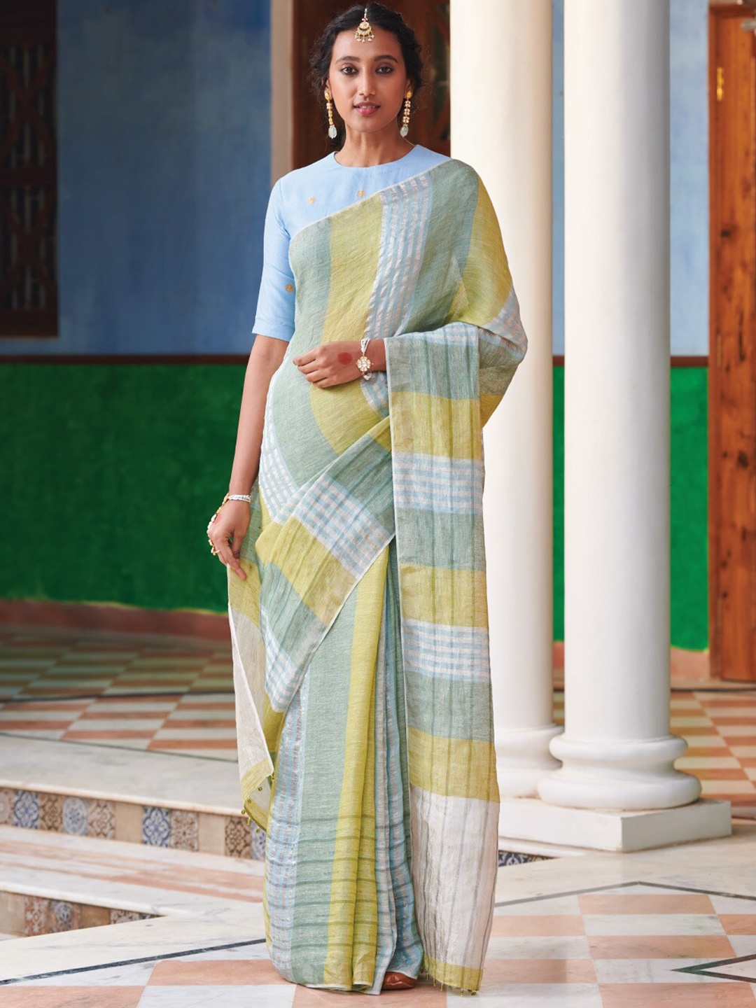 

Dressfolk Striped Silk Blend Saree, Lime green