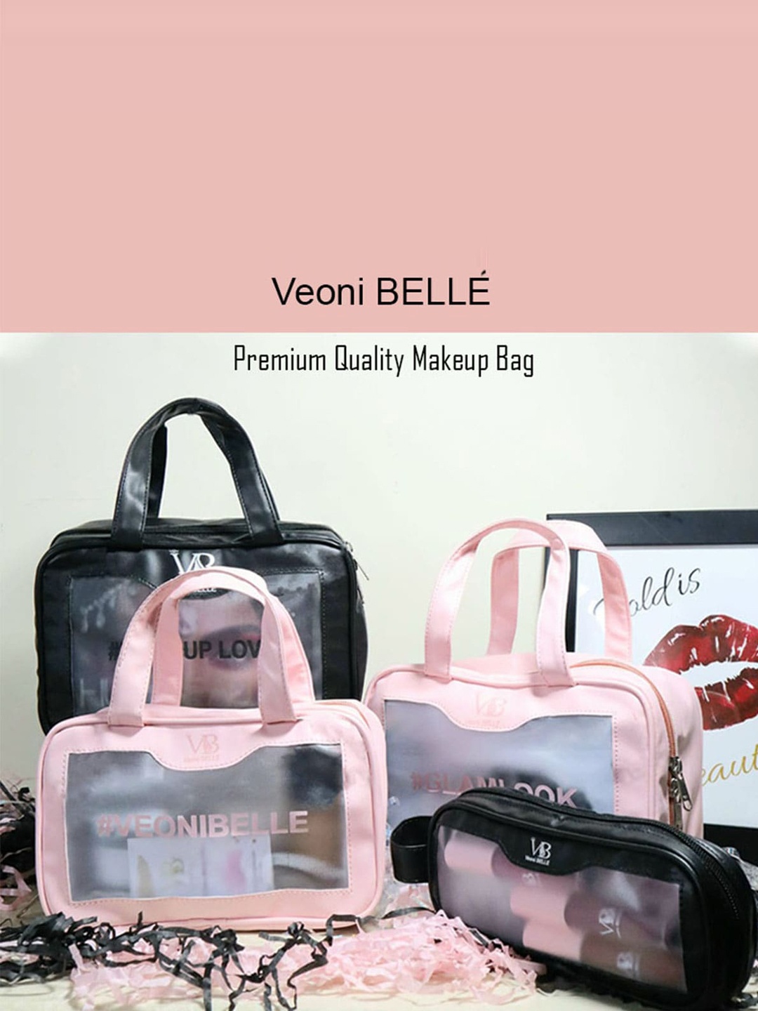 

Veoni BELLE Set Of 4 Printed Durable Makeup Organiser Travel Kit Bag, Pink