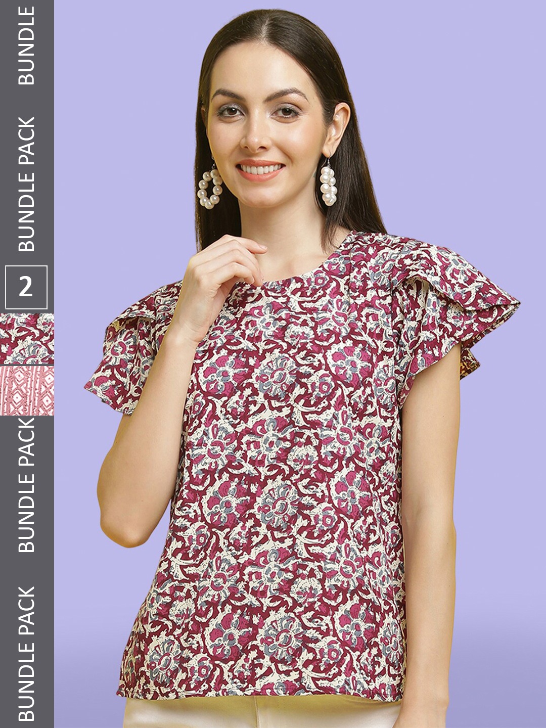

Poshyaa Pack Of 2 Floral Printed Flutter Sleeves Top, Pink
