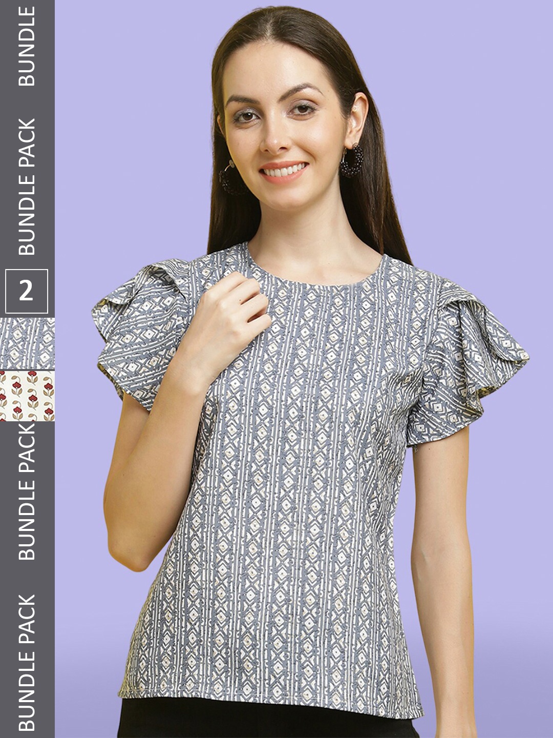 

Poshyaa Pack Of 2 Geometric Printed Flutter Sleeves Tops, Grey