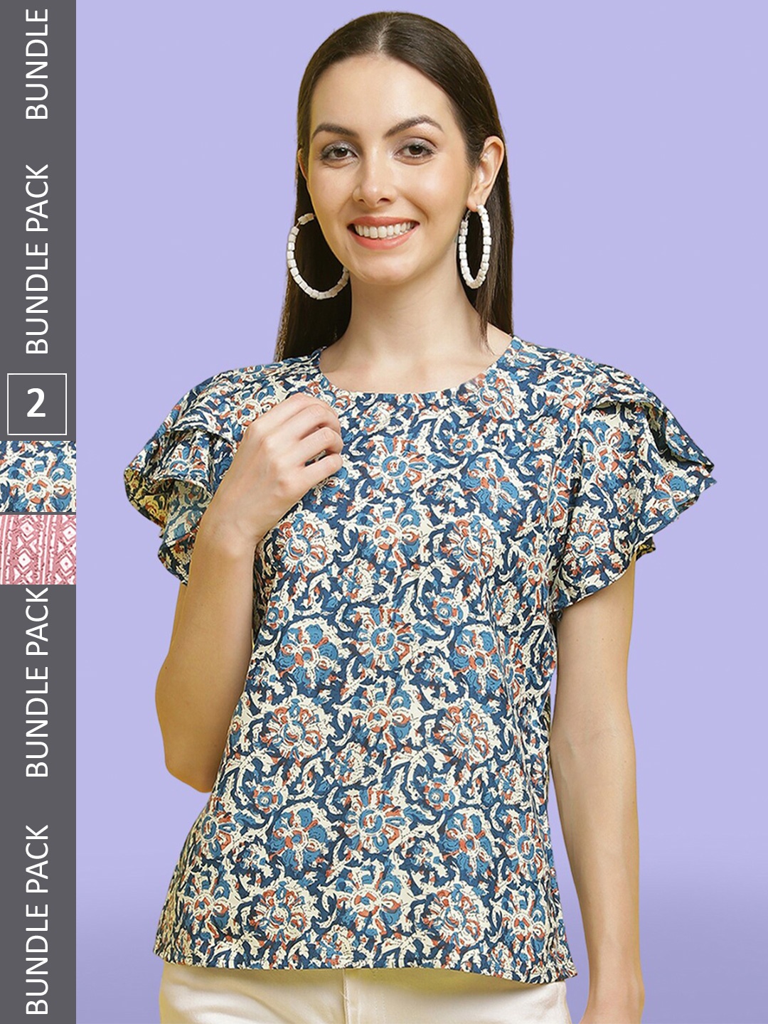 

Poshyaa Pack Of 2 Floral Printed Flutter Sleeves Tops, Blue