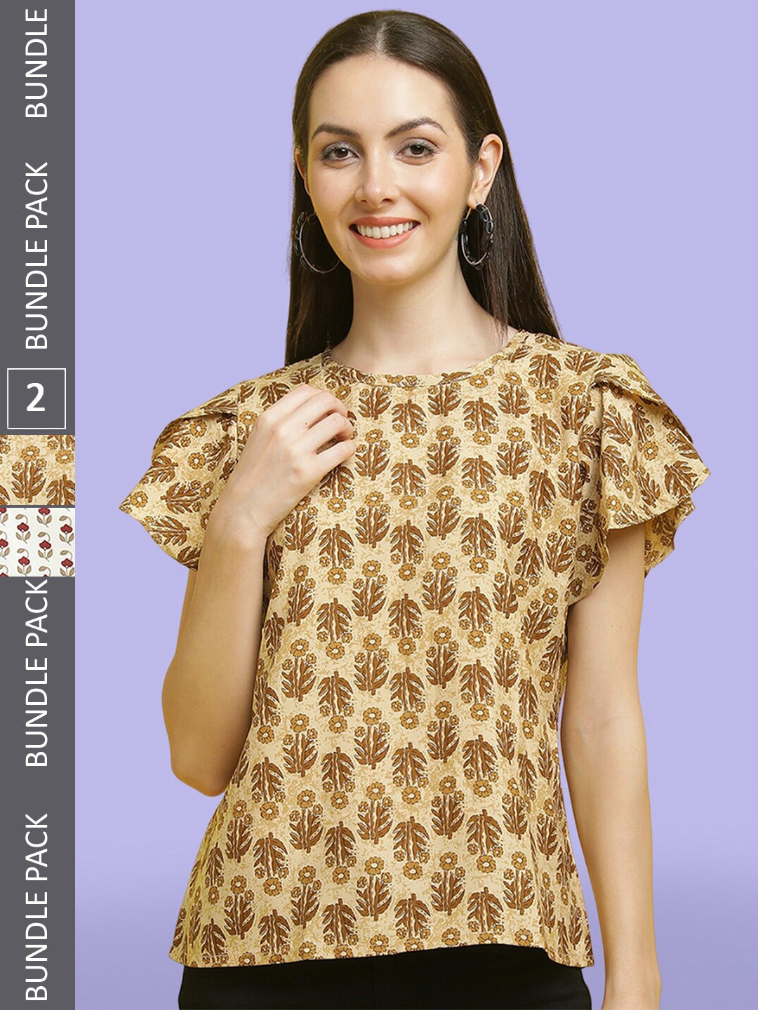 

Poshyaa Pack Of 2 Floral Printed Crepe A-Line Top, Brown