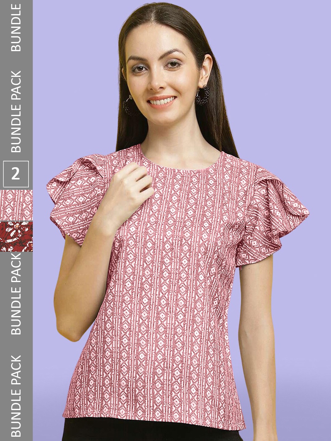 

Poshyaa Pack of 2 Printed Round Neck Tops, Pink