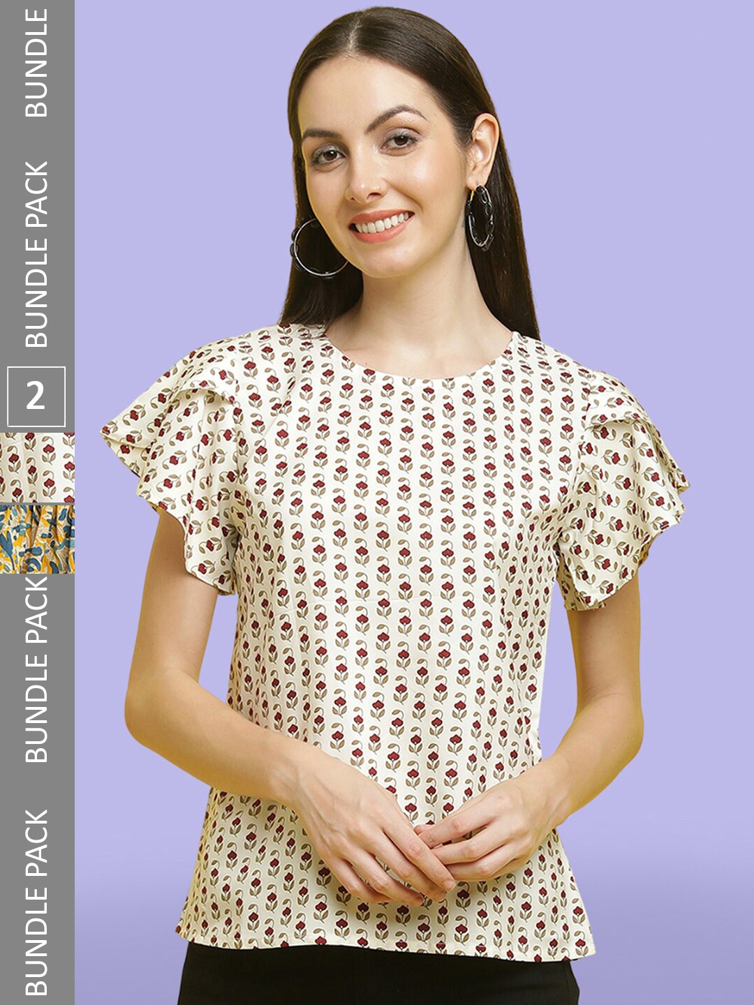 

Poshyaa Pack Of 2 Floral Printed Flutter Sleeve Regular Tops, Beige