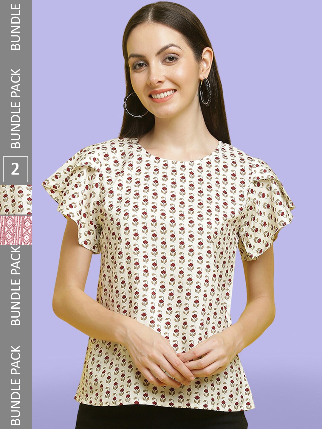 

Poshyaa Pack Of 2 Floral Print Flutter Sleeve Regular Tops, Multi
