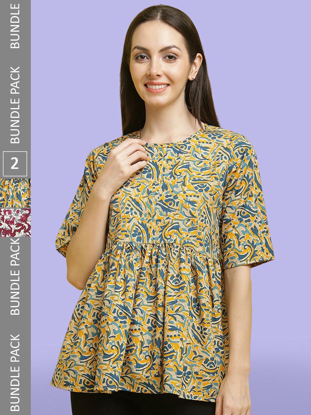 

Poshyaa Pack Of 2 Floral Print Peplum Tops, Mustard