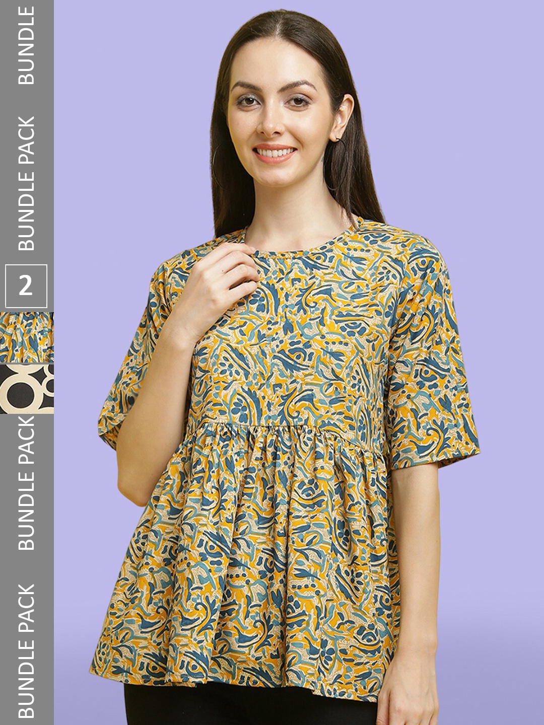 

Poshyaa Pack of 2 Ethnic Motifs Printed Crepe Top, Yellow