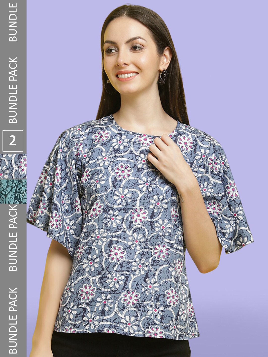 

Poshyaa Pack of 2 Ethnic Motifs Printed Crepe Top, Grey