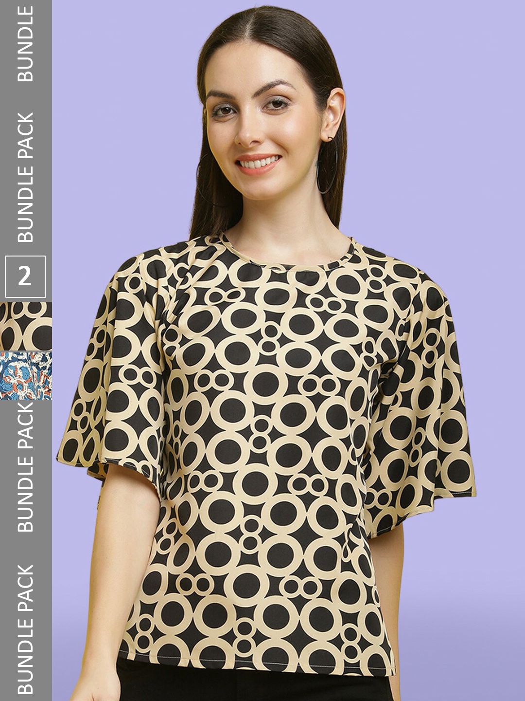 

Poshyaa Pack of 2 Ethnic Motifs Printed Crepe Top, Black