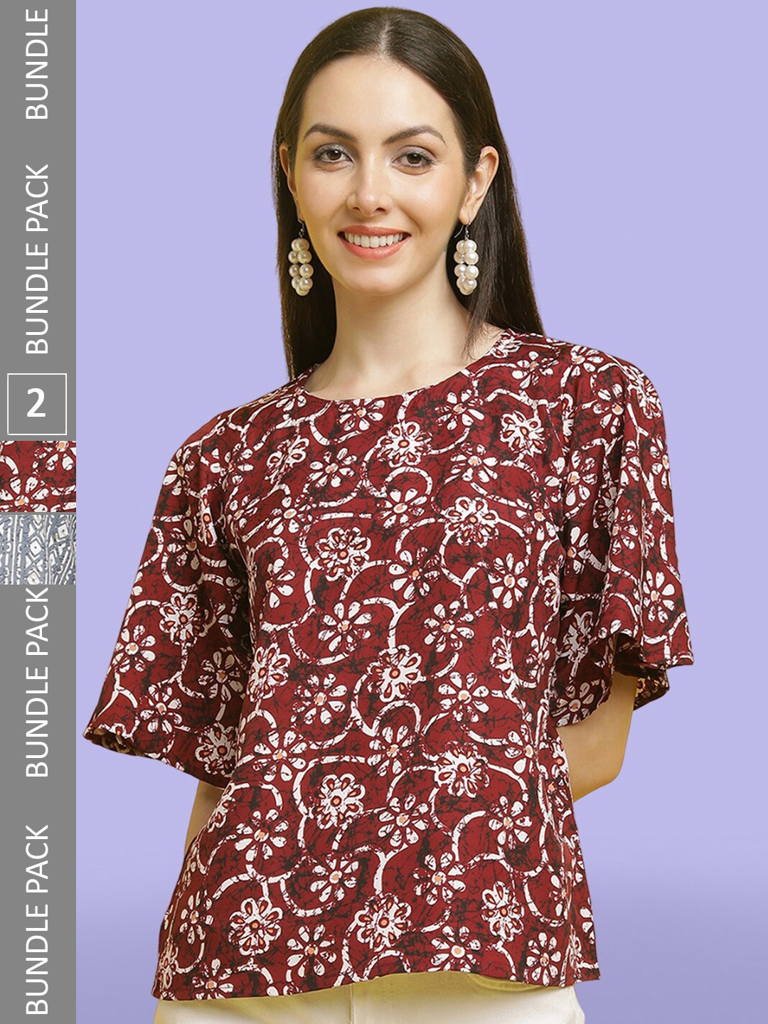 

Poshyaa Pack of 2 Ethnic Motifs Printed Crepe Top, Maroon