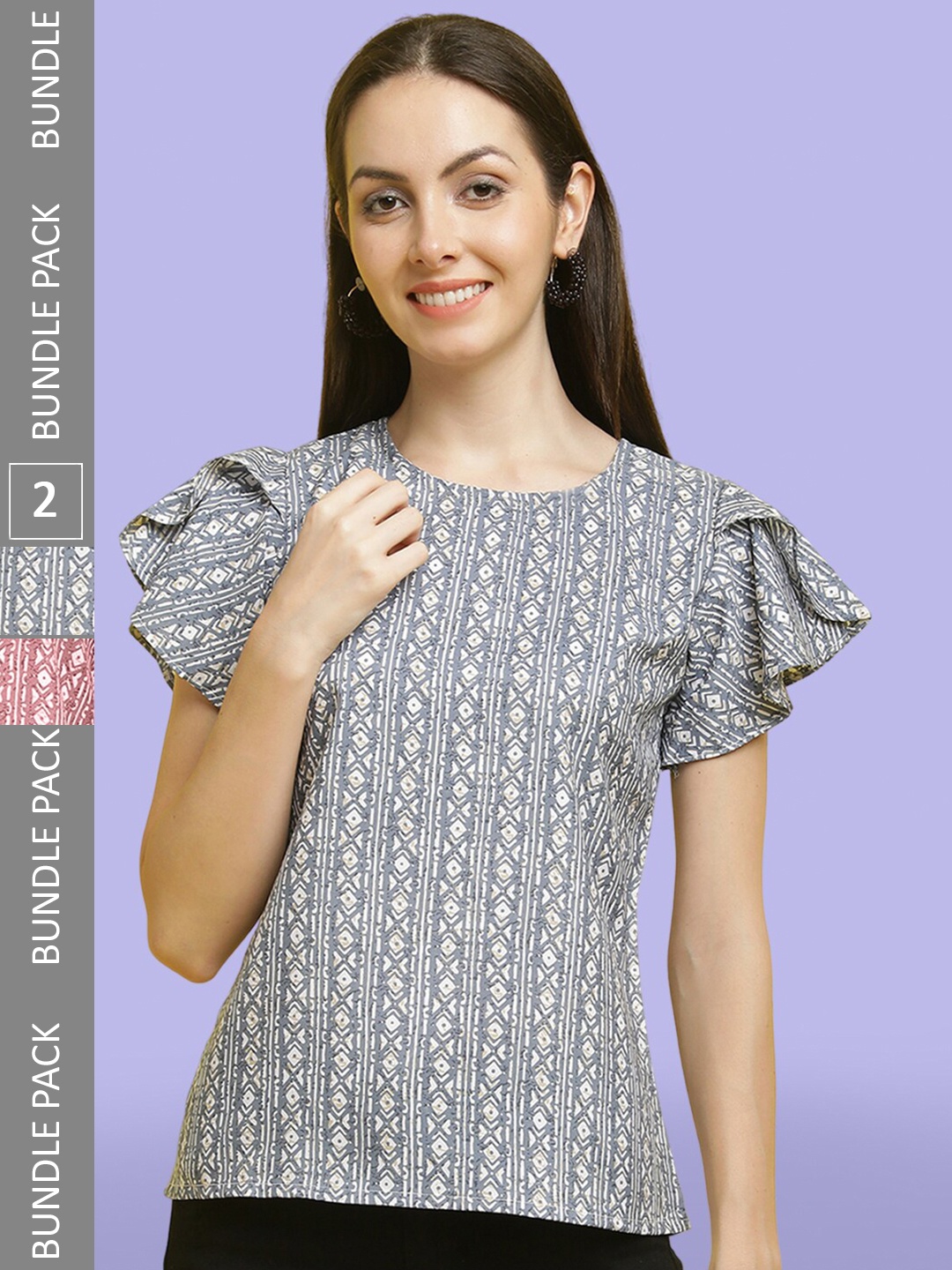 

Poshyaa Pack of 2 Ethnic Motifs Printed Crepe Top, Grey