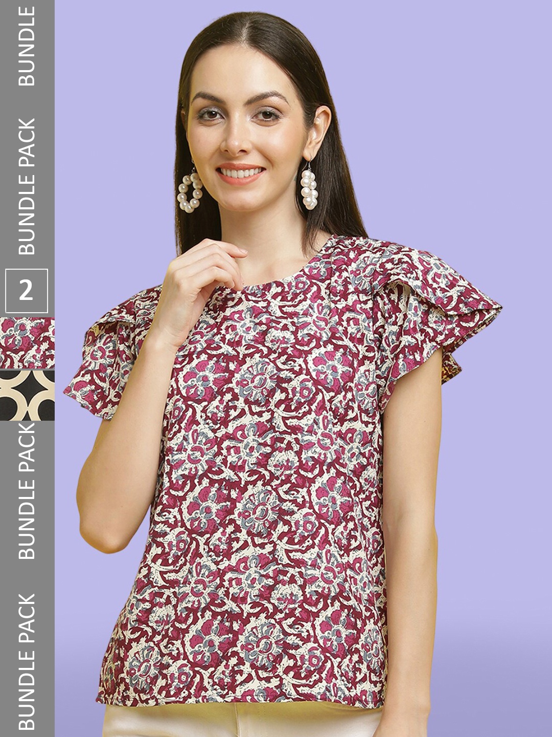 

Poshyaa Pack of 2 Ethnic Motifs Printed Crepe Top, Maroon