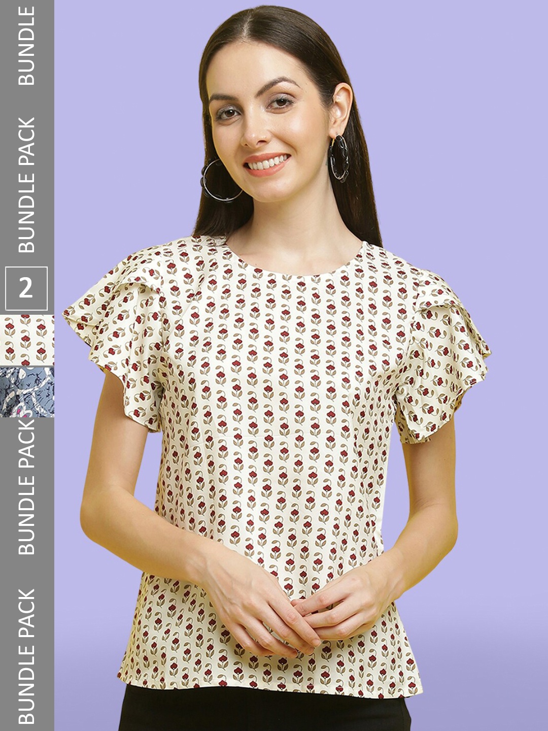 

Poshyaa Pack Of 2 Floral Print Pleated Flared Sleeves A-Line Tops, Cream